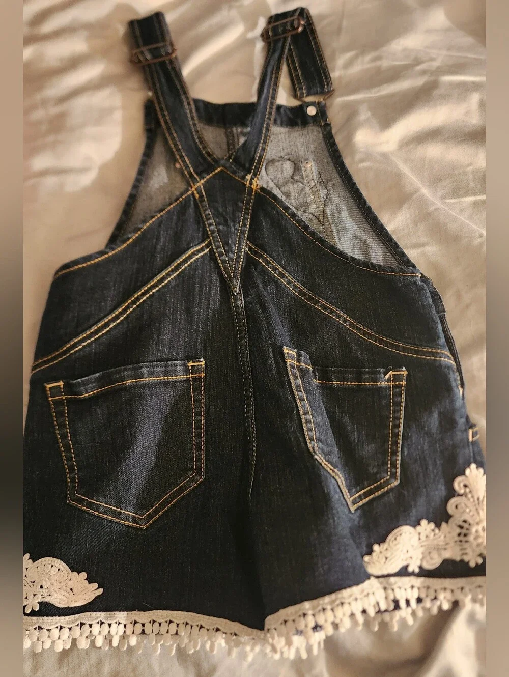 Jordache Girls Denim Shortalls Lace Applique Pom Pom Trim Overalls Size M 7-8
